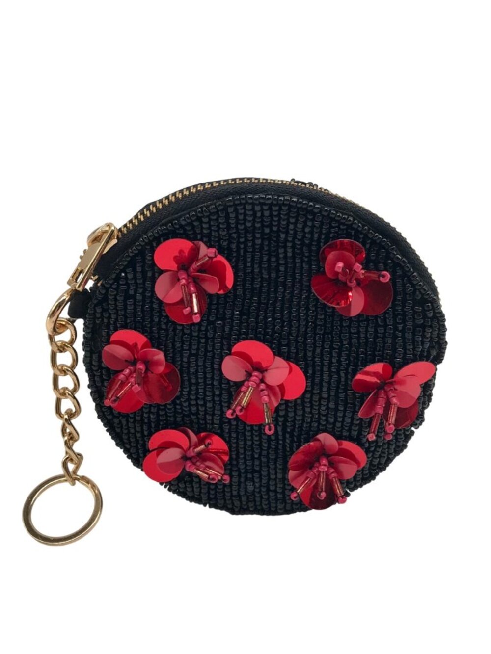 On 34th Black Red Floral Hand Beaded Round Coin Purse